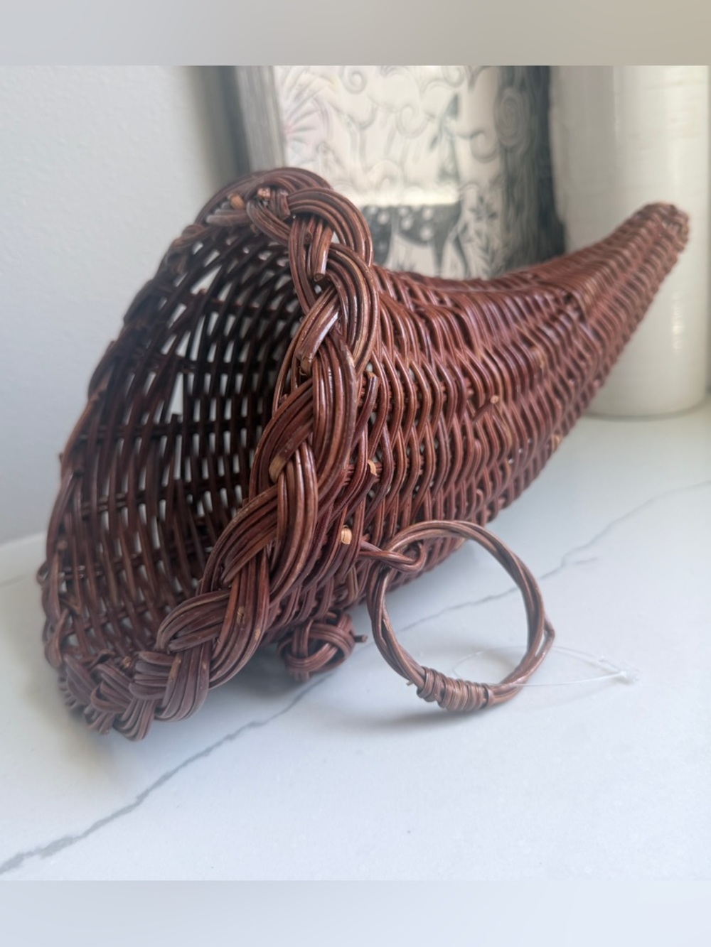 Handwoven Brown Wicker Cornucopia Decorative Accent